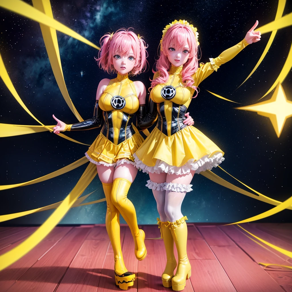 1girl, solo, yellow costume, yellow lantern, long twin hair, pink hair, frilly skirt, thigh-high socks, platform boots, cute pose, starry night background, (best quality, 4k, 8k, highres, masterpiece:1.2), ultra-detailed,, HDR, studio lighting, professional, vivid colors, ethereal, whimsical, fantasy, concept art