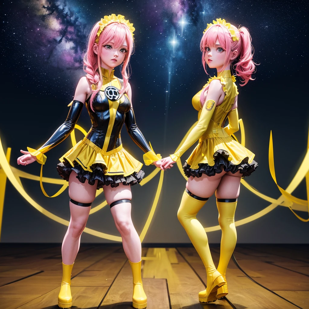 1girl, solo, yellow costume, yellow lantern, long twin hair, pink hair, frilly skirt, thigh-high socks, platform boots, cute pose, starry night background, (best quality, 4k, 8k, highres, masterpiece:1.2), ultra-detailed,, HDR, studio lighting, professional, vivid colors, ethereal, whimsical, fantasy, concept art