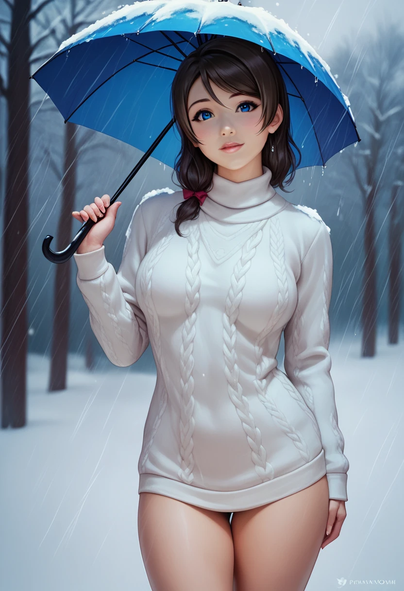 (Masterpiece), cowboy shot,8k wallpaper, solo, realistic, Watanabe you, standing, sweater, thighs, holding umbrella, snow rain,blue eyes, beautiful detailed face and eyes , Asian Girl 