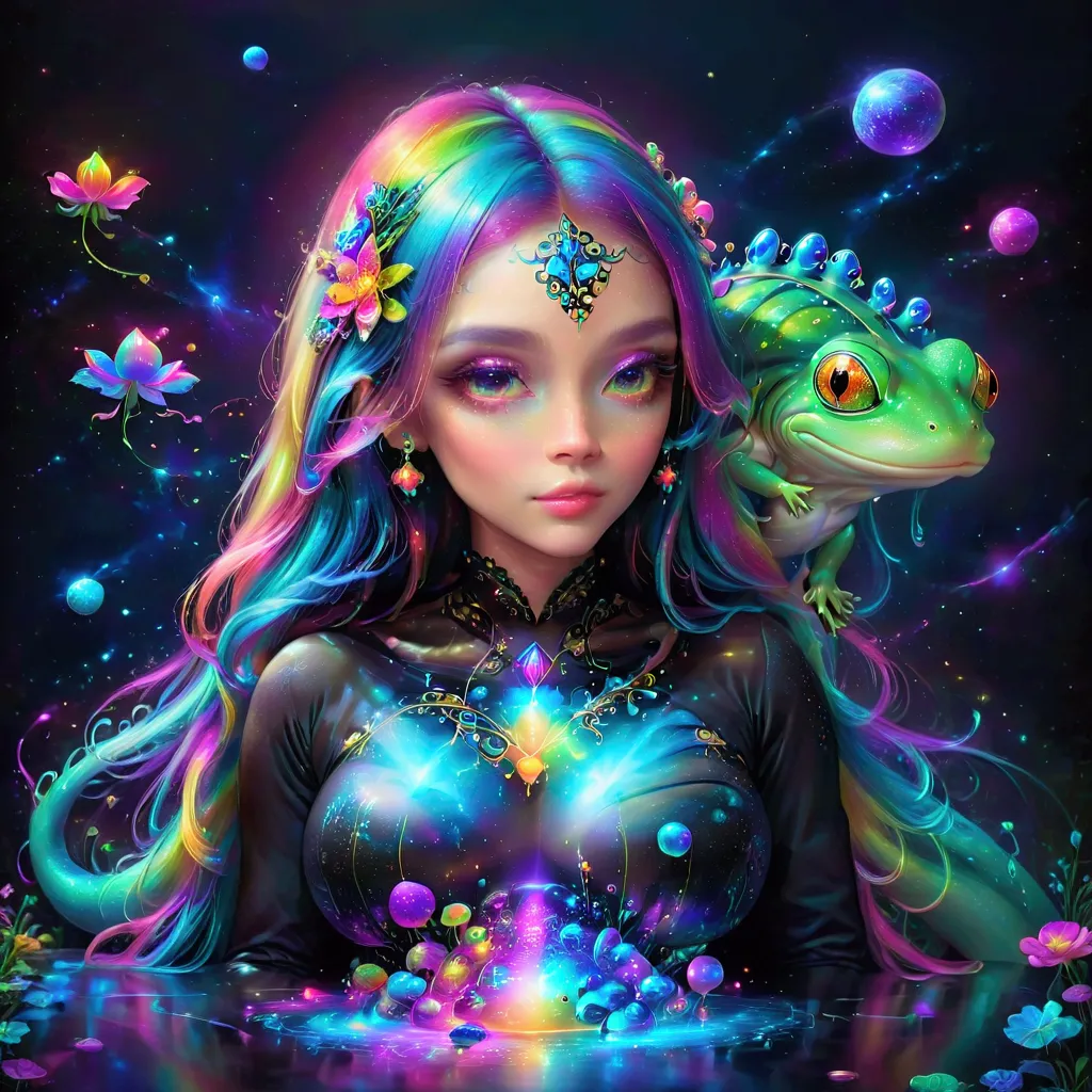 a woman with long hair and a frog in her hand, beeple and jeremiah ketner, jen bartel, holographic creatures, ultraviolet and ne...