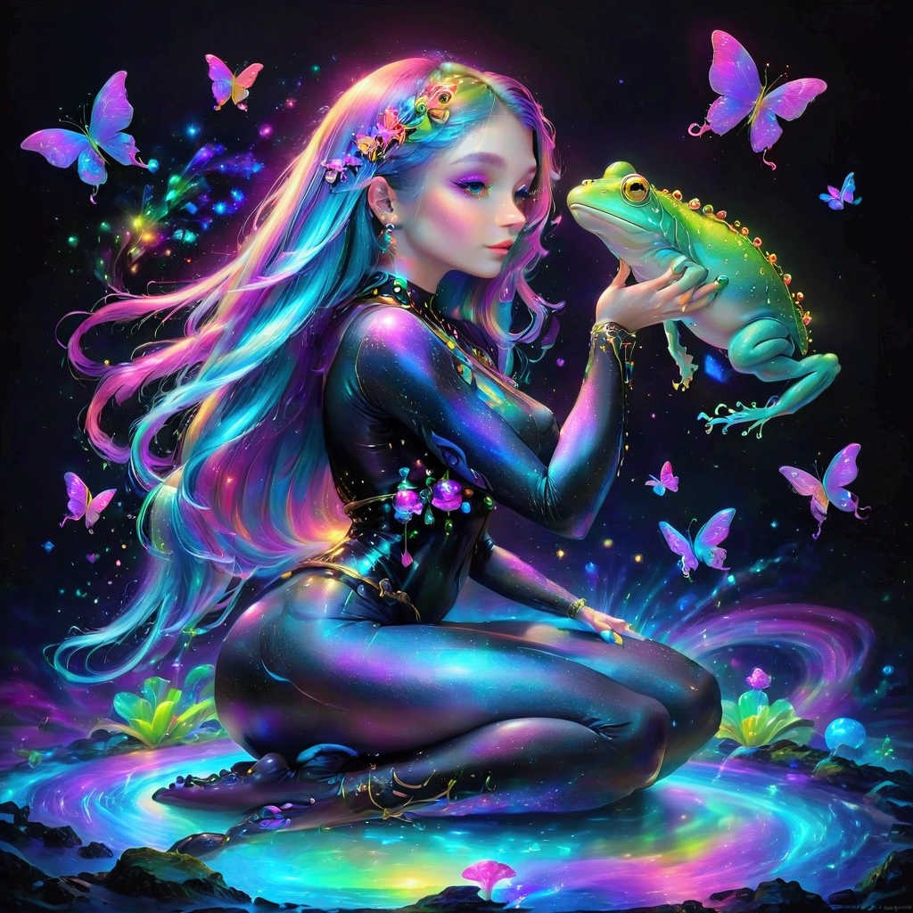 a woman with long hair and a frog in her hand, beeple and jeremiah ketner, jen bartel, holographic creatures, ultraviolet and neon colors, colorfull digital fantasy art, psychedelic frog, psychedelic aesthetic, colorful illustration, colorfull illustration, trippy art, lisa frank & sho murase, illustration iridescent, psychedelic art, psychedelic goddess