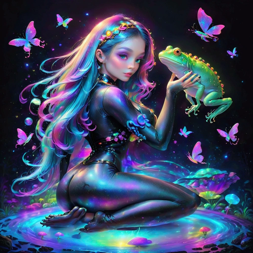 a woman with long hair and a frog in her hand, beeple and jeremiah ketner, jen bartel, holographic creatures, ultraviolet and neon colors, colorfull digital fantasy art, psychedelic frog, psychedelic aesthetic, colorful illustration, colorfull illustration, trippy art, lisa frank & sho murase, illustration iridescent, psychedelic art, psychedelic goddess