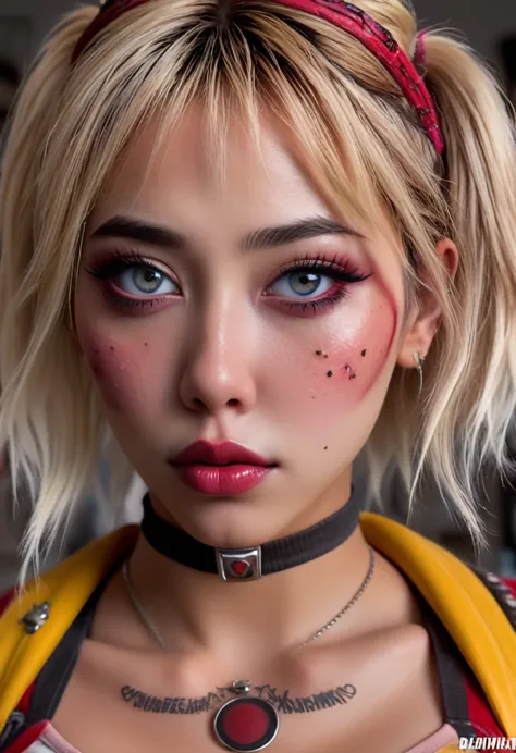 cute yuna,harley quinn,insane,sexy,trashed bedroom,1girl,detailed face,beautiful detailed eyes,beautiful detailed lips,extremely...