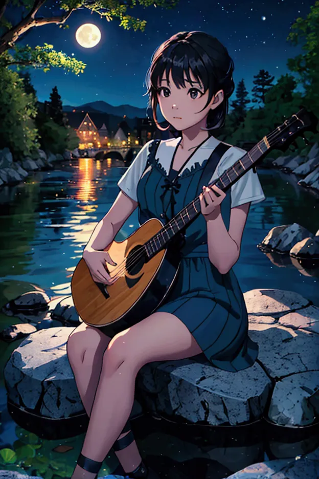 a girl with a beautiful face sitting on a stone by the river１０teenage boy　playing a musical instrument　moonlit night