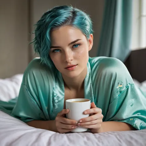 (woman, 20 years old, nordic ethnicity, short blue hair, perfect face, light freckles, blue-green eyes))), ((lying in bed on her...