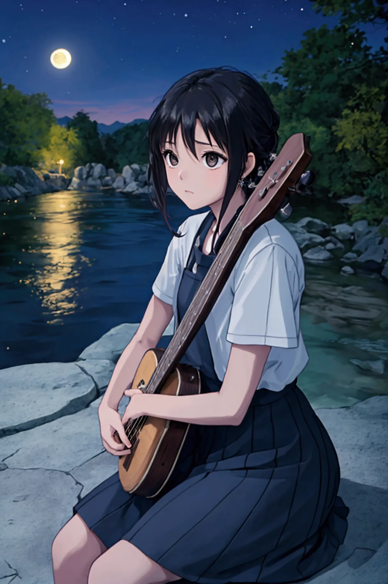 a girl with a beautiful face sitting on a stone by the river１０teenage boy　playing a musical instrument　moonlit night