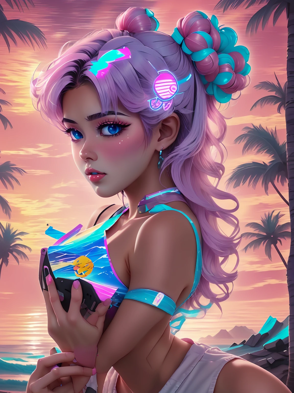 masterpiece, cutecore vaporwave style, 1 female, play games, gaming room, Casual Wear, 