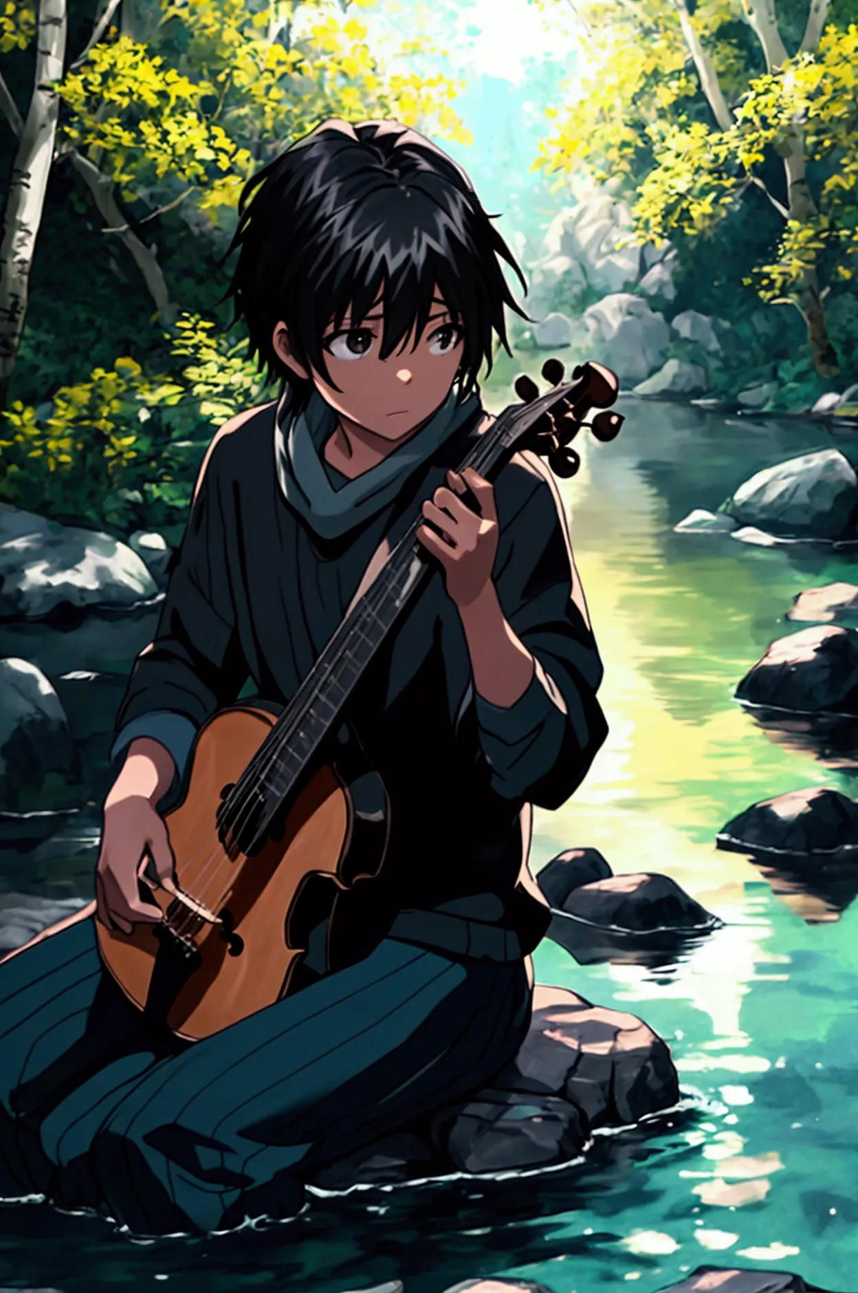 a girl with a beautiful face sitting on a stone by the river１０teenage boy　playing a musical instrument　moonlit night