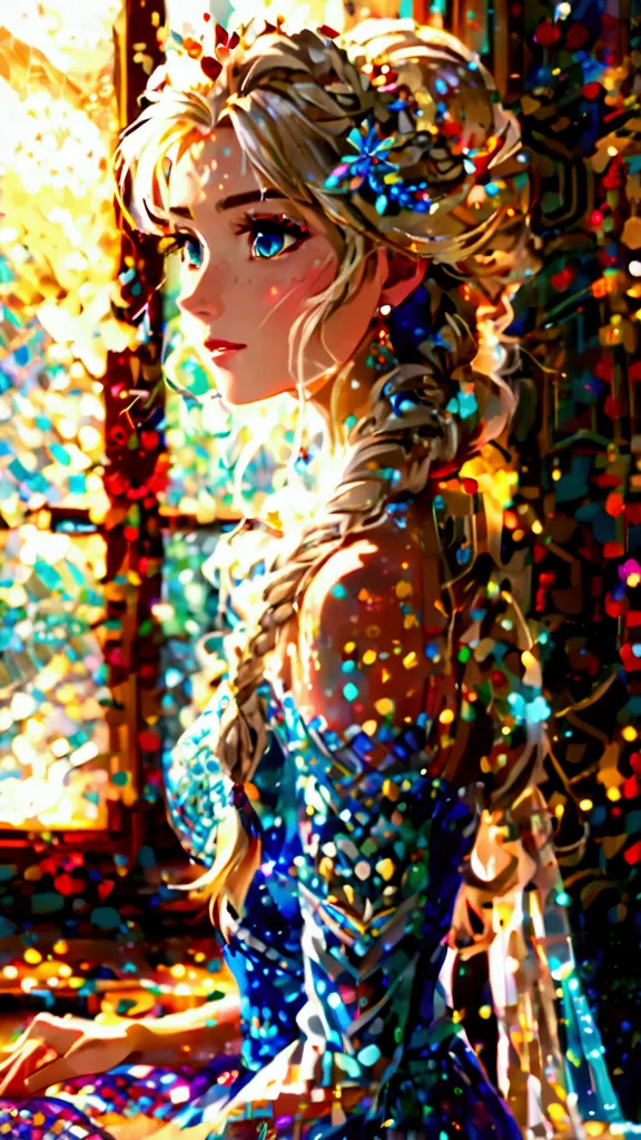 one girl, elsa, adult,adult,older sister,aldult,braided hair, hair color: white gold,long hair, (rear view:1.4), indoor, sit by ...