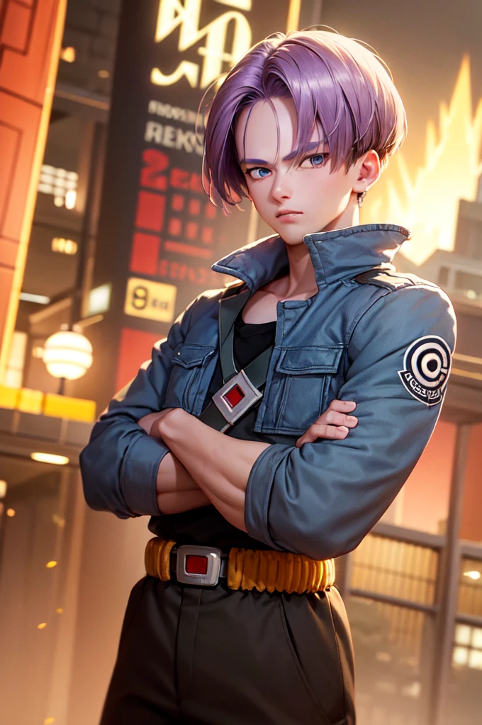 (masterpiece, best quality:1.2), cowboy shot, solo, male focus, 1boy, trunks \(dragon ball\), expressionless, closed mouth, looking at viewer, crossed arms, purple hair, blue eyes, jacket, shirt, pants, sword