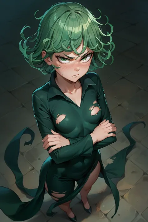 tatsumaki from the cartoon "one punch man", crossed hands, annoyed, flushed, from above, torn clothes, black color support, neck...