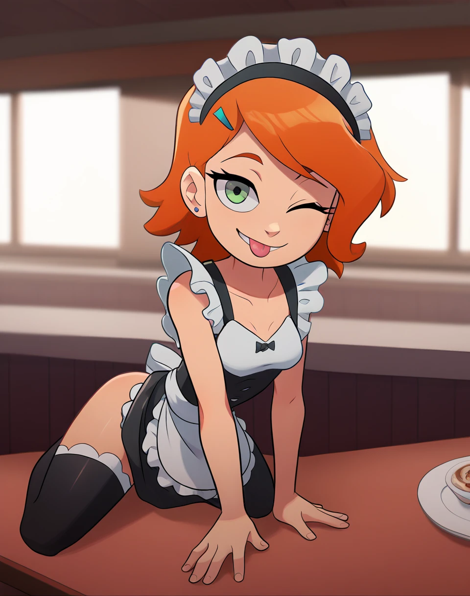 Gwendolyn_Tennyson, 1girl,solo,maid, side smile, collarbone ,maid headdress,looking at viewer,apron,indoors,depth of field, sitting on table, legs, stockings, big 
wink, one eye closed, playful smile, tongue out,, masterpiece, best quality, absurdres, highres, 4k, ray tracing, intricate details, highly detailed, (1girl:perfect face, cute, small breasts, long ginger hair, petite) Highqlb:perfect mouth, makeup screenshot, perfect jaw, good fortune hinge