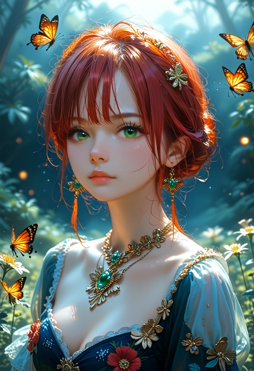 One Anime Girl About 2 With A Beautiful Figure Beautiful Body In Thin Clothes Sparkles With Gold Dust With Gold Jewelry And Purple Patterns On The Dress, black and red hair, bright green eyes, Butterflies Fly Purple Gold Color with Blue Iridescence Very Many and Colorful, full detailed, masterpiece, bright colors, The Dark Night Background in the Enchanted Forest where the Lights Sparkle and Shine and Wasps Light up the Night Depths,Glitter and Beauty, Grass and Magic Moss Everything grows on the ground, very beautifully and colorfully, Large Scale Painting, score_9,score_8_up,score_7_up,dramatic lighting,highly detailed,high budget,bokeh,cinemascope,moody,epic,gorgeous,film grain,grainy,masterpiece,best quality,perfect anatomy,very aesthetic,official art,8k