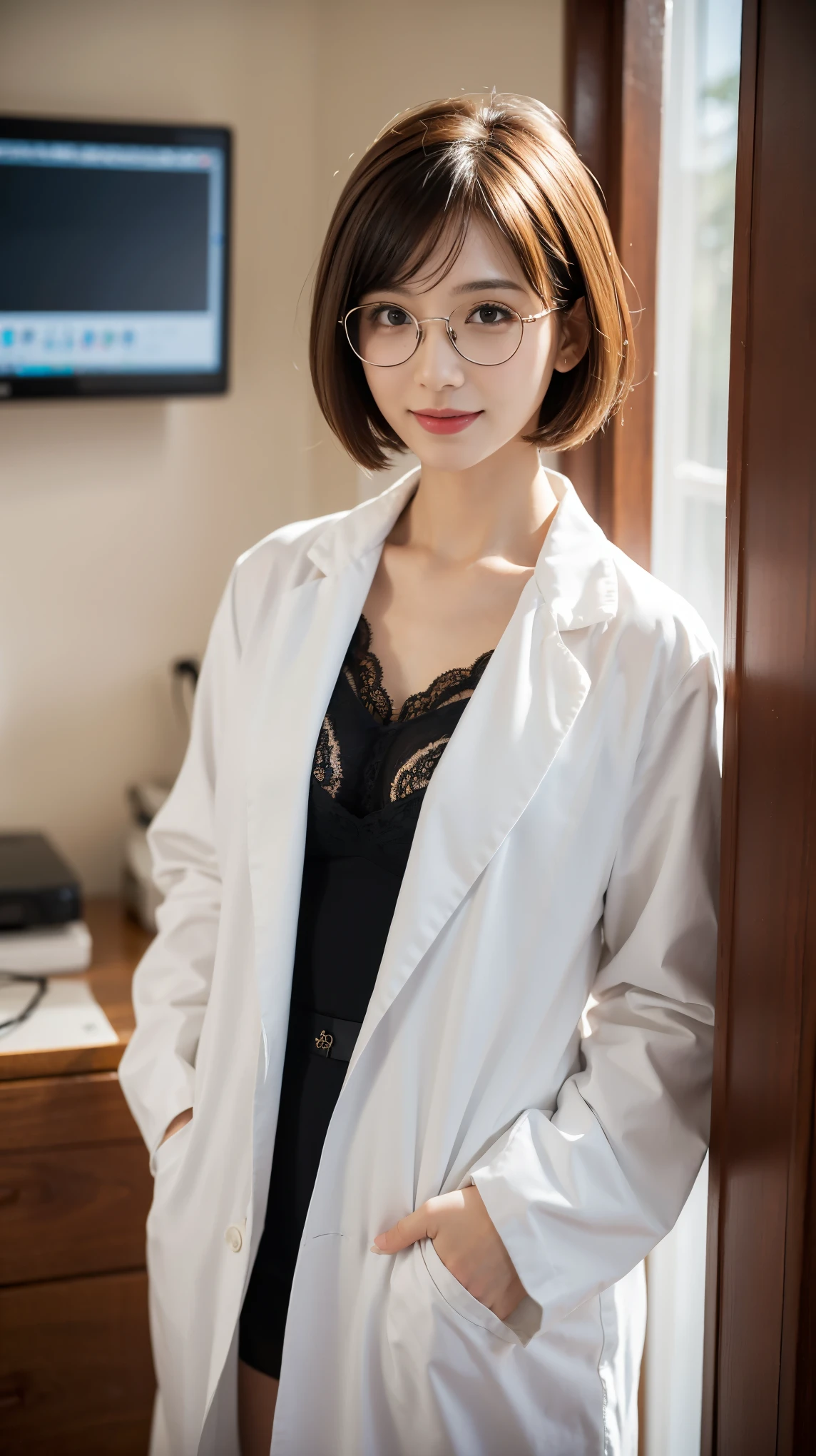 专业诊所的一位美丽的女doctor, (best quality, high resolution, very detailed), Wearing a neat white lab coat and form-fitting lace lingerie., Short bob cut, glasses을 쓰고, And a warm smile appeared on her face. doctor&#39;clear eyes, Your nose shape is perfect, and sweet lips. The clinic is brightly lit.，ample natural lighting, Equipped with state-of-the-art medical equipment and informative medical charts.. The color palette is bright and clean., Mainly white and sky blue. The lighting has been carefully balanced., Create comfort、Brightly lit environment. The overall style is realistic and factual.., with an artistic sense.short hair,glasses,holding a medical chart