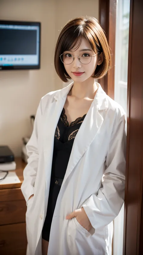 专业诊所的一位美丽的女doctor, (best quality, high resolution, very detailed), wearing a neat white lab coat and form-fitting lace lingerie....