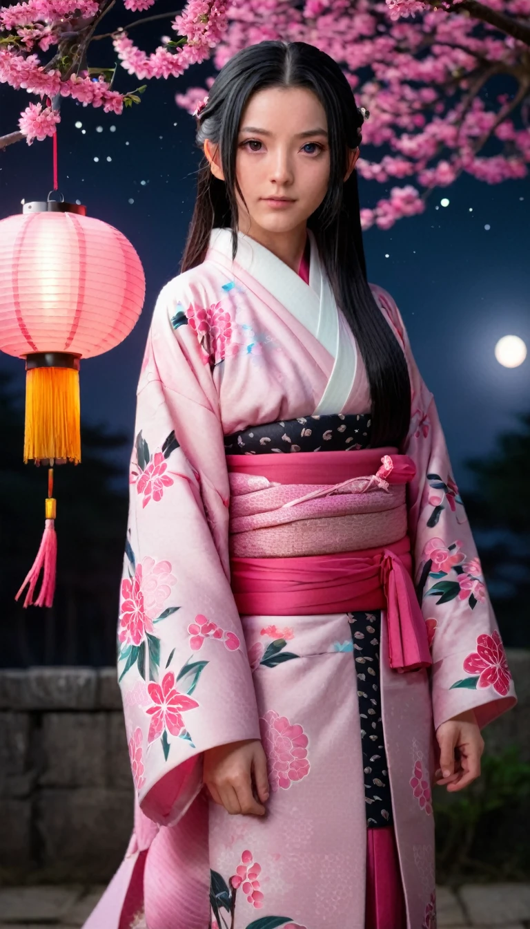 A highly detailed, hyper-realistic, ultra-detailed portrait of Kamado Nezuko from Kimetsu no Yaiba, with long black hair, expressive pink eyes, pink flowers, fireflies, lanterns, a pink moon, wearing a beautiful pink kimono with a black haori, standing alone, extremely detailed face and eyes