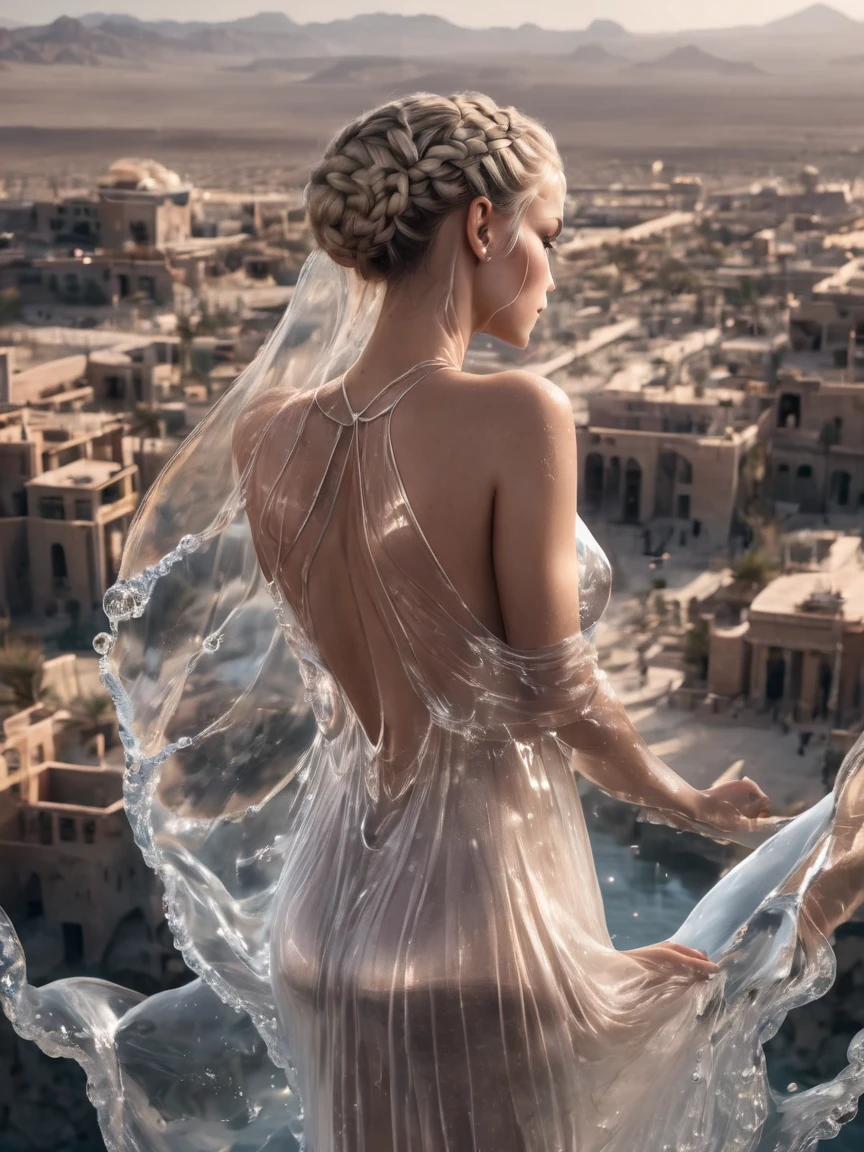 Breathtaking beautiful woman wearing (water dress) New Vegas Arch, Crane Shot, From above, [whole body],
Worried,
Braided bun,
Ash Blonde Hair, . Award-winning, Professional, Very detailed, Huge 