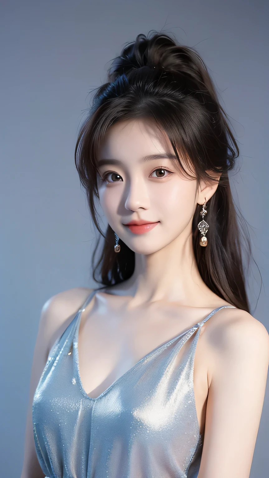 xingxiangzhao,(look at the viewer:2),1girl,blue dress,bare shoulders,earrings,gray background,long hair,sleeveless dress,rim light,moody lighting,smile,