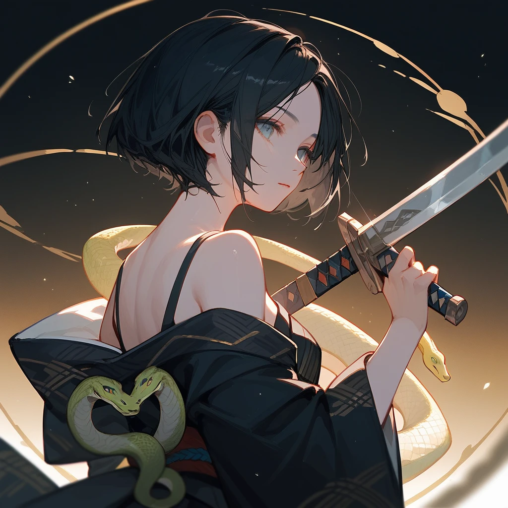 1 girl, Black Hair, iris, Off-the-shoulder kimono, beautiful_face, Black snake motif, Kimono with snake scale pattern, Solo Illustration, short hair, Black kimono, Holding a sword, Upper Body