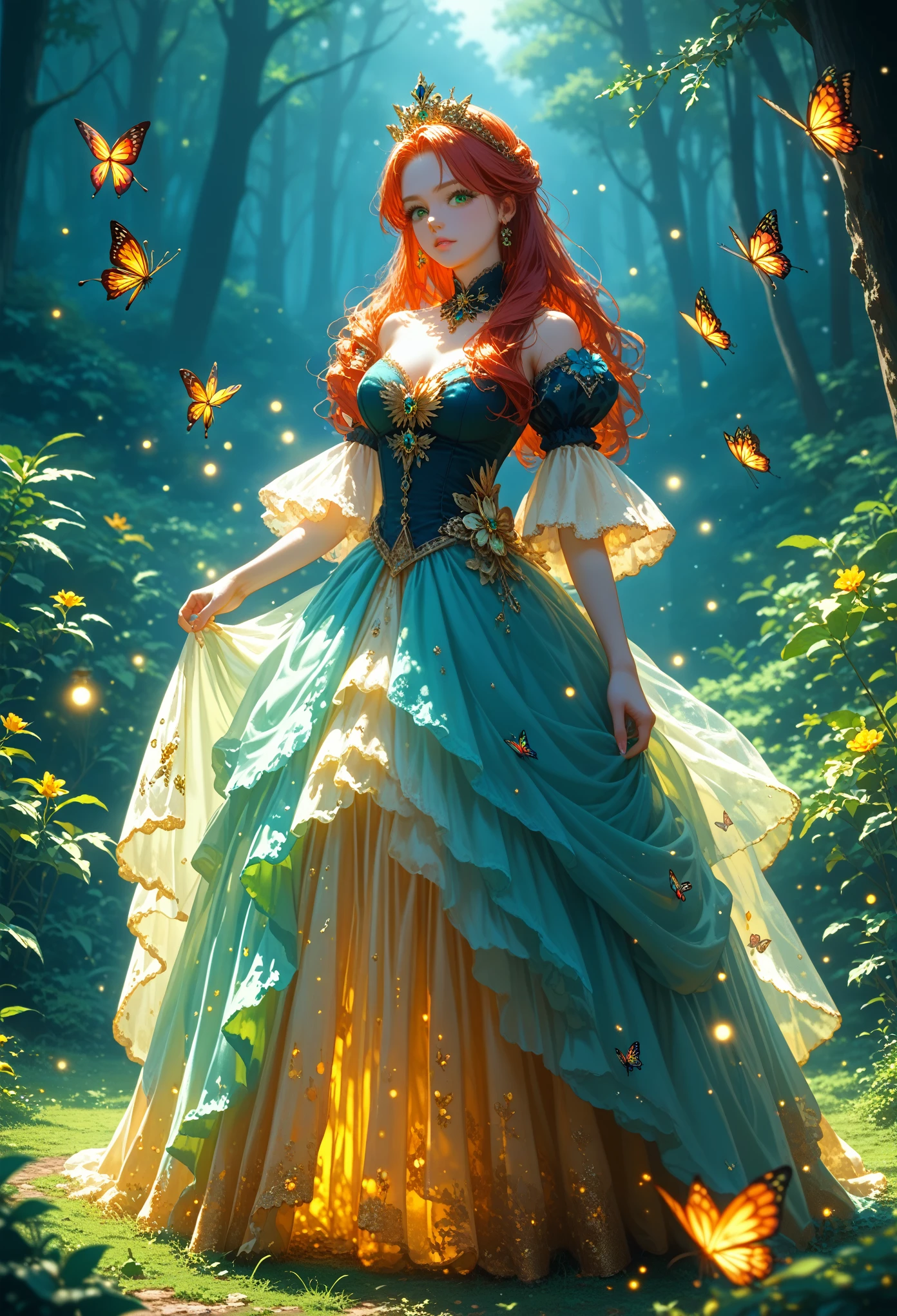 One Anime Girl About 2 With A Beautiful Figure A Beautiful Body In Full Growth With Thin Clothes Sparkles With Gold Dust With Gold Jewelry And Purple Patterns On The Dress, black and red hair, bright green eyes, Butterflies Fly Purple Gold Color with Blue Iridescence Very Many and Colorful, full detailed, masterpiece, bright colors, The Dark Night Background in the Enchanted Forest where the Lights Sparkle and Shine and Wasps Light up the Night Depths,Glitter and Beauty, Grass and Magic Moss Everything grows on the ground, very beautifully and colorfully, Large Scale Painting, score_9,score_8_up,score_7_up,dramatic lighting,highly detailed,high budget,bokeh,cinemascope,moody,epic,gorgeous,film grain,grainy,masterpiece,best quality,perfect anatomy,very aesthetic,official art,8k