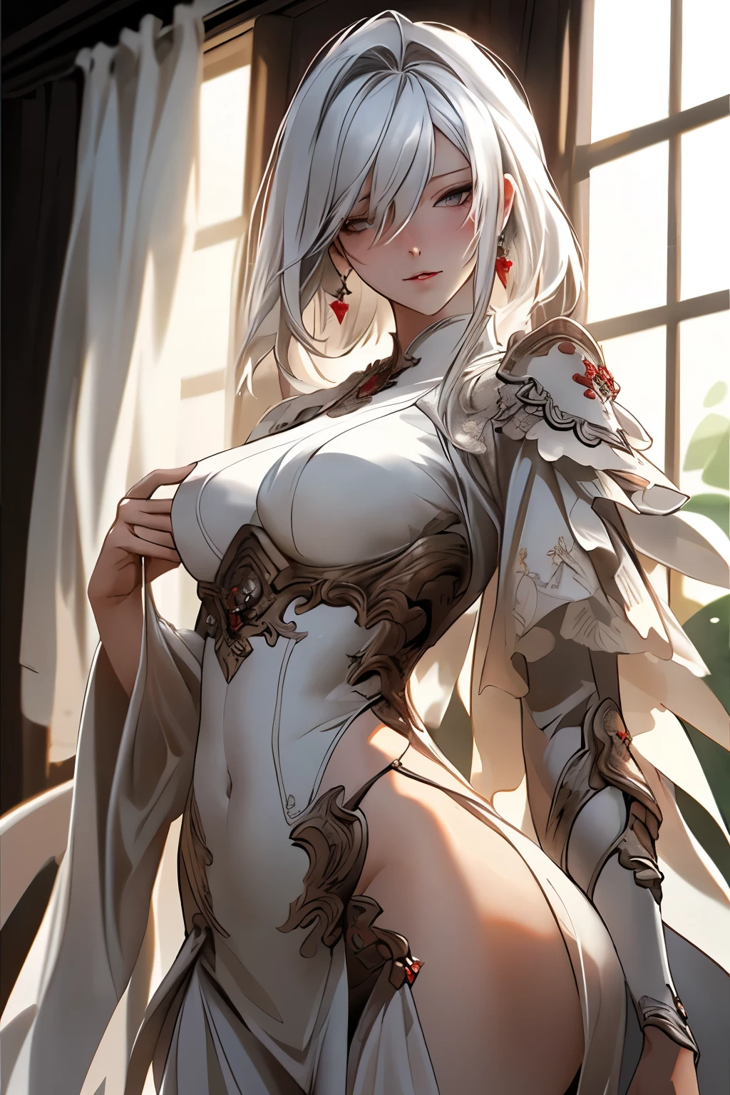 ((best quality)), ((masterpiece)), (detailed), Photorealistic, high resolution, mature woman, เหมือนจริง, Hips up, jewelry, Curtain Bangs, White hair, White eyes, หน้าอกใหญ่, HDR (high dynamic range), After processing, Anisotropic filtration,depth of field, Maximum clarity and clarity, multi-layered surface, perfect proportions, 8K raw files, กระโปรงสั้น, natural lighting, soft lighting, sunlight, Doomsday ruins, detailed anatomy, Samurai suit