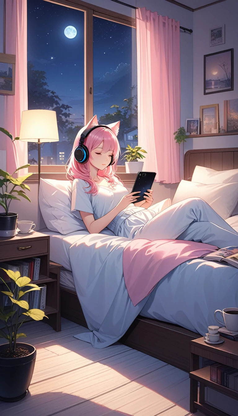 (super masterpiece　Highest quality　High Resolution Ultra HD) Lo-Fi Style、anime、Woman wearing headphones with eyes open、(Anatomically correct) 20-year-old、Hair is about waist length　Her hair color is pink.、Casual clothes、midnight、Room with a night view、Listening to music in bed, staring at my phone、Pet cat sleeping、coffee、magazine、A small potted plant、It&#39;s raining outside、Water droplets on the window、stylish、Stylish、dim、Zoom in