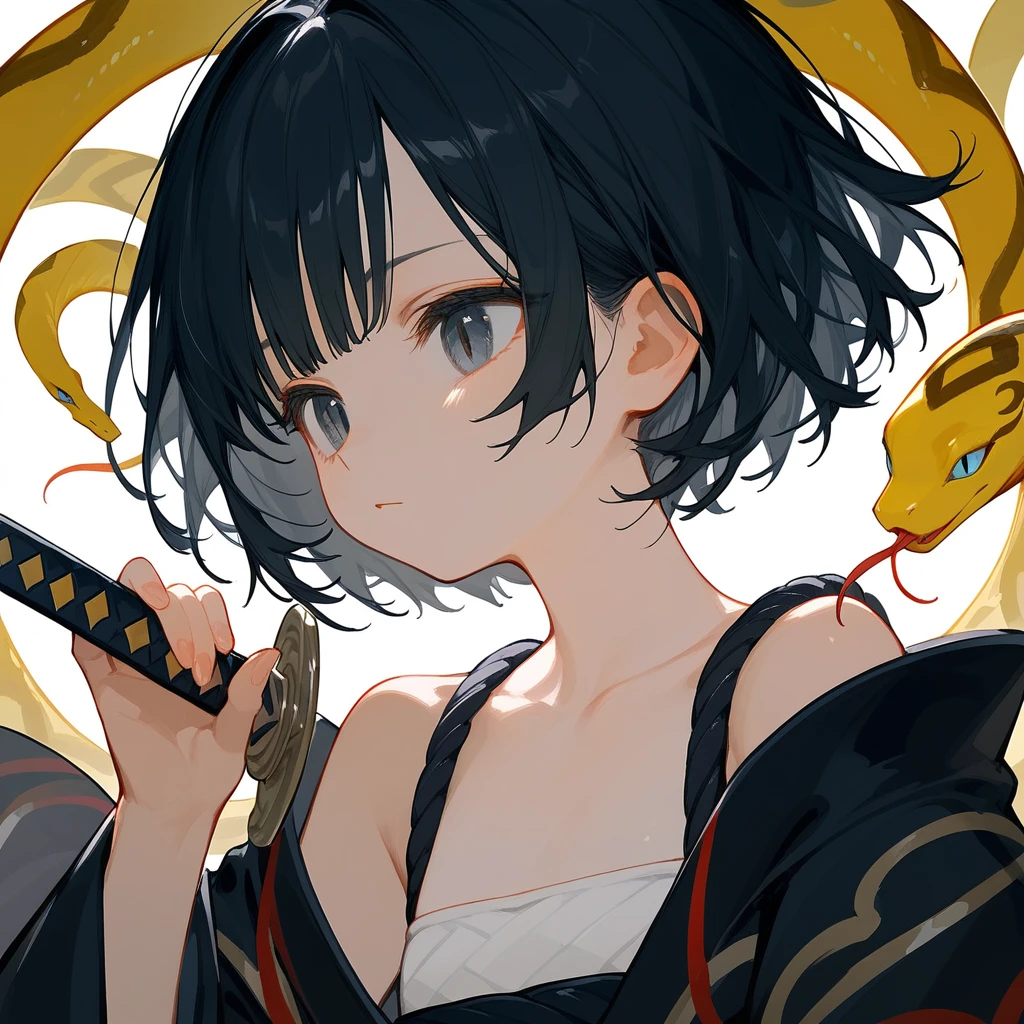 1 girl, Black Hair, iris, Off-the-shoulder kimono, beautiful_face, Black snake motif, Kimono with snake scale pattern, Solo Illustration, short hair, Black kimono, Holding a sword, Upper Body, Close ~ eyes, 笑face, Flat Chest