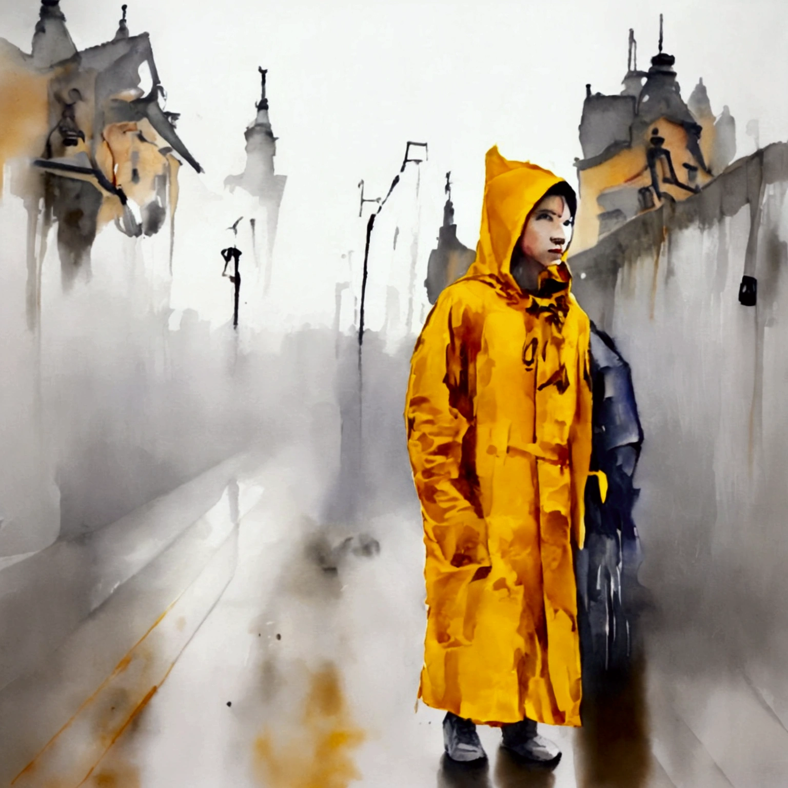 ，Please wear a yellow hooded raincoat，Full body POV，Standing in the heavy rain，Emphasize the texture of a raincoat or gelcoat，Accentuates the translucent texture of the raincoat