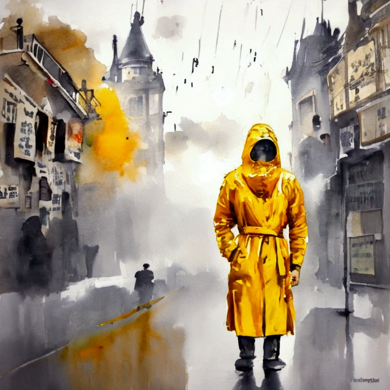 ，Please wear a yellow hooded raincoat，Full body POV，Standing in the heavy rain，Emphasize the texture of a raincoat or gelcoat，Accentuates the translucent texture of the raincoat