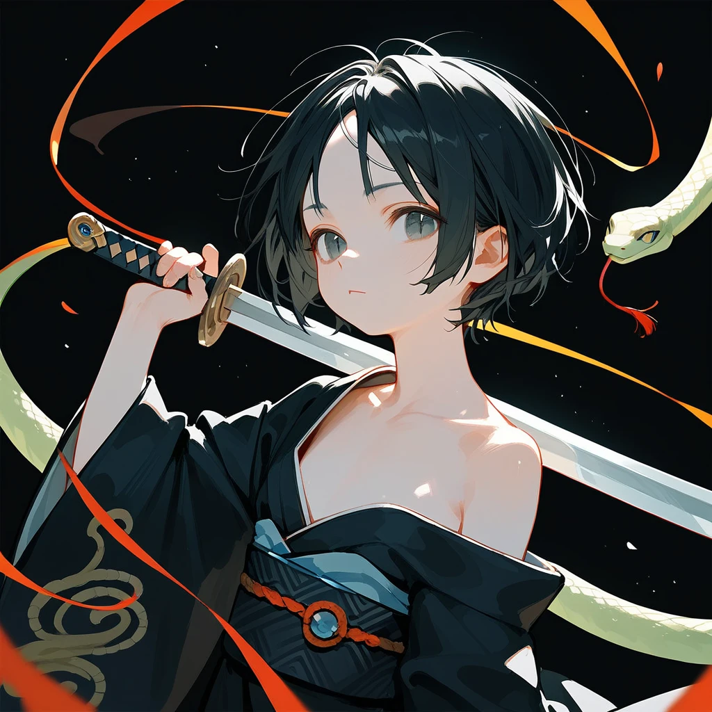 1 girl, Black Hair, iris, Off-the-shoulder kimono, beautiful_face, Black snake motif, Kimono with snake scale pattern, Solo Illustration, short hair, Black kimono, Holding a sword, Upper Body, Flat Chest, Squint your eyes