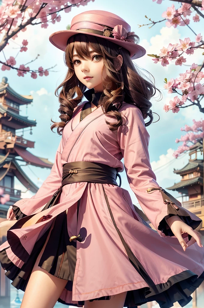 an anime art depicting a girl dressed in a pink dress and a hat, 1girl, solo, brown hair, japanese clothes, jintsuu (kancolle), long hair, kimono, headband, brown eyes