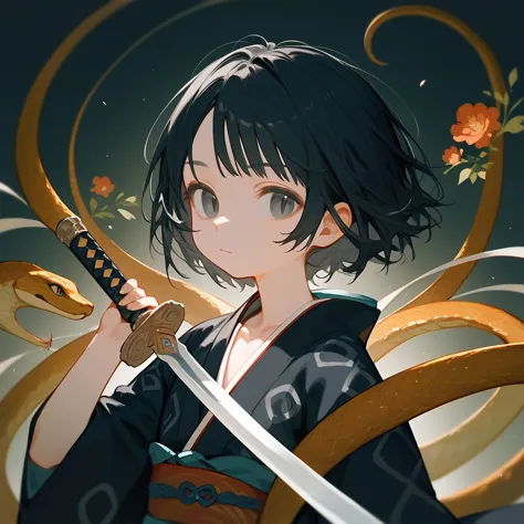 1 girl, black hair, iris, beautiful_face, black snake motif, kimono with snake scale pattern, solo illustration, short hair, bla...