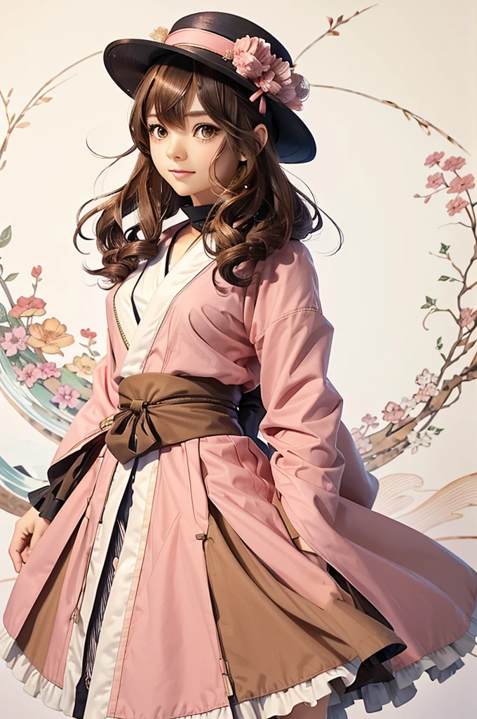 an anime art depicting a girl dressed in a pink dress and a hat, 1girl, solo, brown hair, japanese clothes, jintsuu (kancolle), long hair, kimono, headband, brown eyes