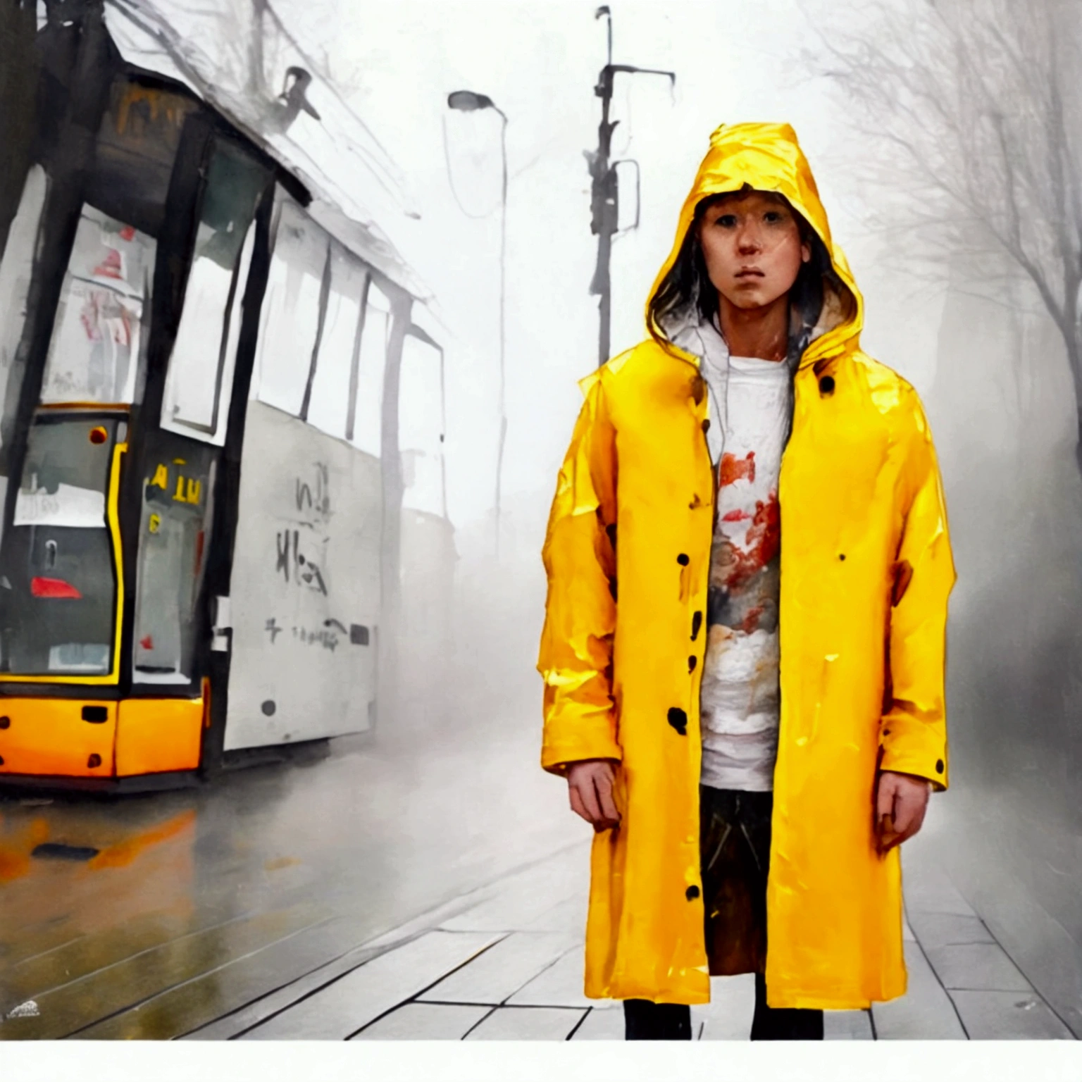 ，Please wear a yellow hooded raincoat，Full body POV，Standing in the heavy rain，Emphasize the texture of a raincoat or gelcoat，Accentuates the translucent texture of the raincoat