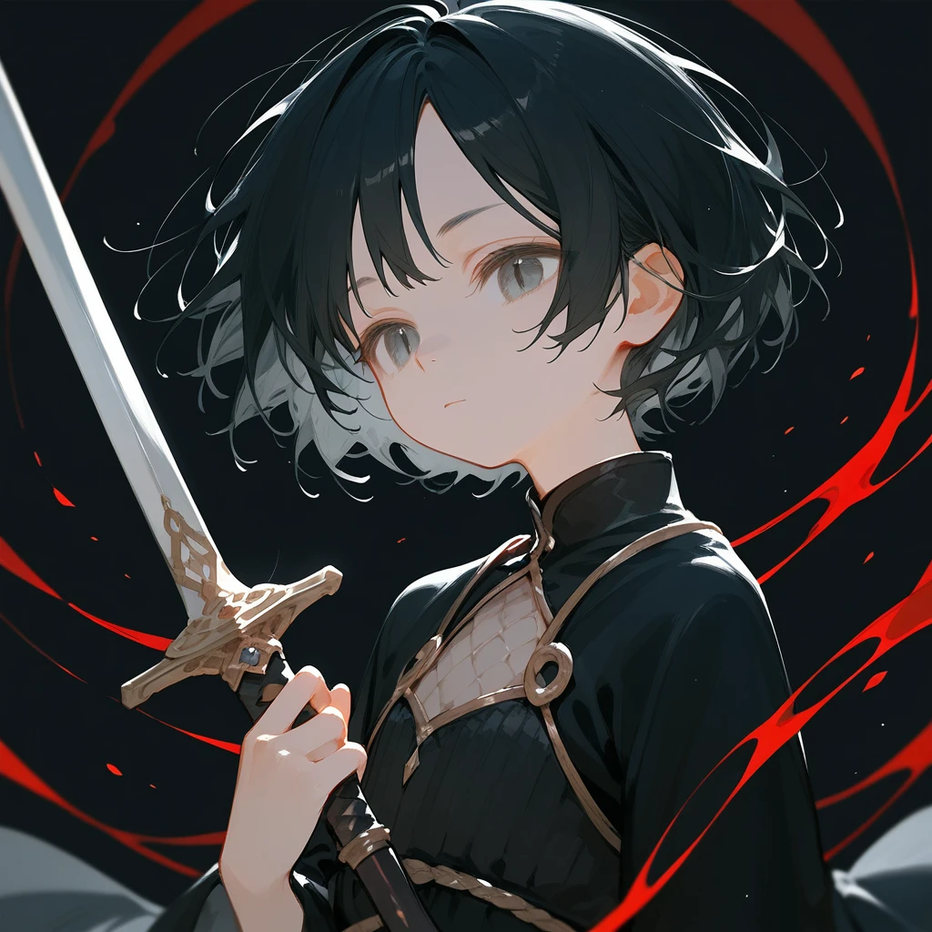 1 girl, Black Hair, iris, beautiful_face, Black snake motif, Solo Illustration, short hair, Black kimono, Holding a sword, Upper Body, Flat Chest, Squint your eyes