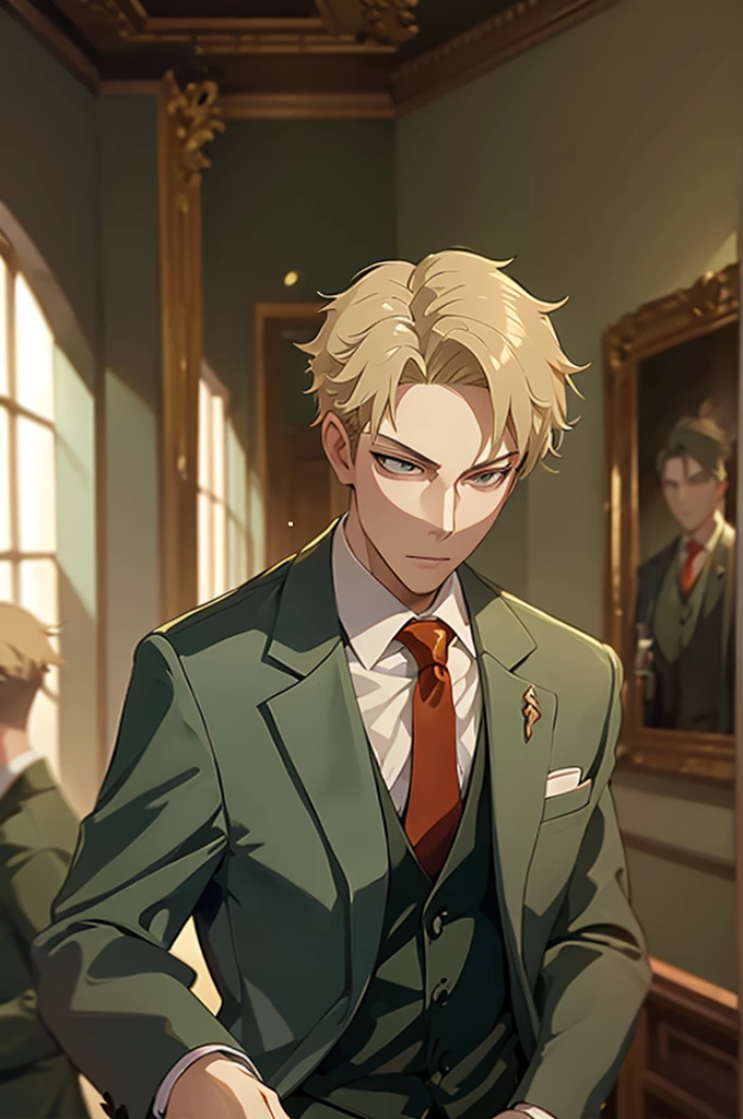 1man, solo, upper body, loidforger man with light green three-piece suit with a red tie run in corridor palace germany, blonde, blurry background, dramatic, dynamic pose, spy x family, secret agent, bokeh,
