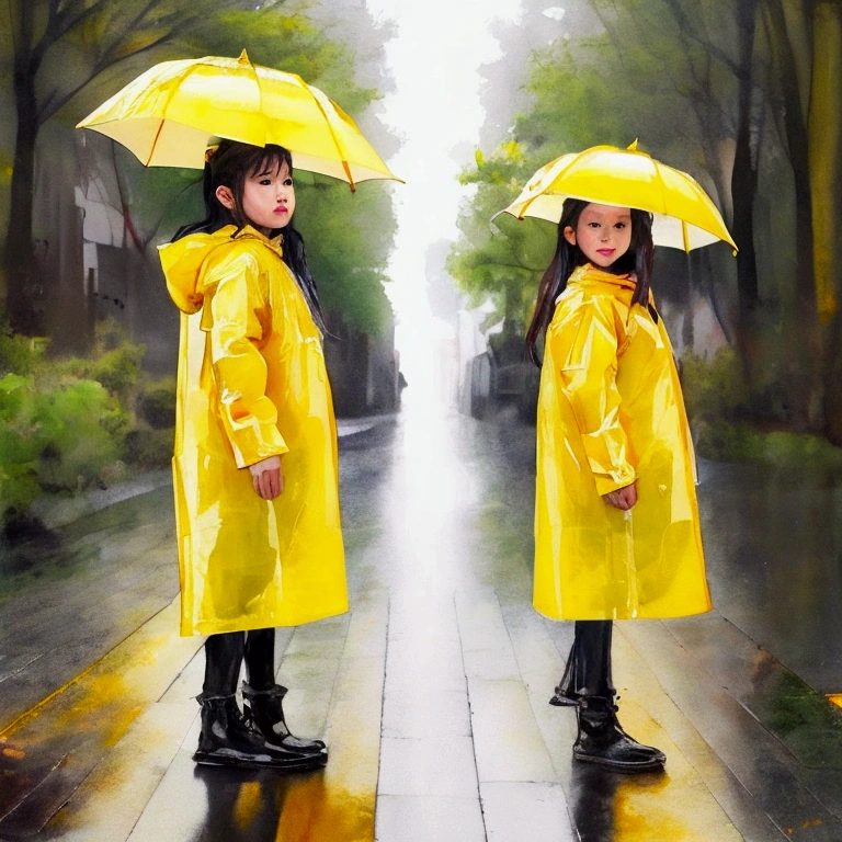 2 girl，Please wear a yellow hooded raincoat，Full body POV，Standing in the heavy rain，Emphasize the texture of a raincoat or gelcoat，Accentuates the translucent texture of the raincoat