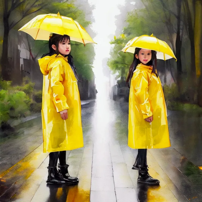 2 girl，please wear a yellow hooded raincoat，full body pov，standing in the heavy rain，emphasize the texture of a raincoat or gelc...