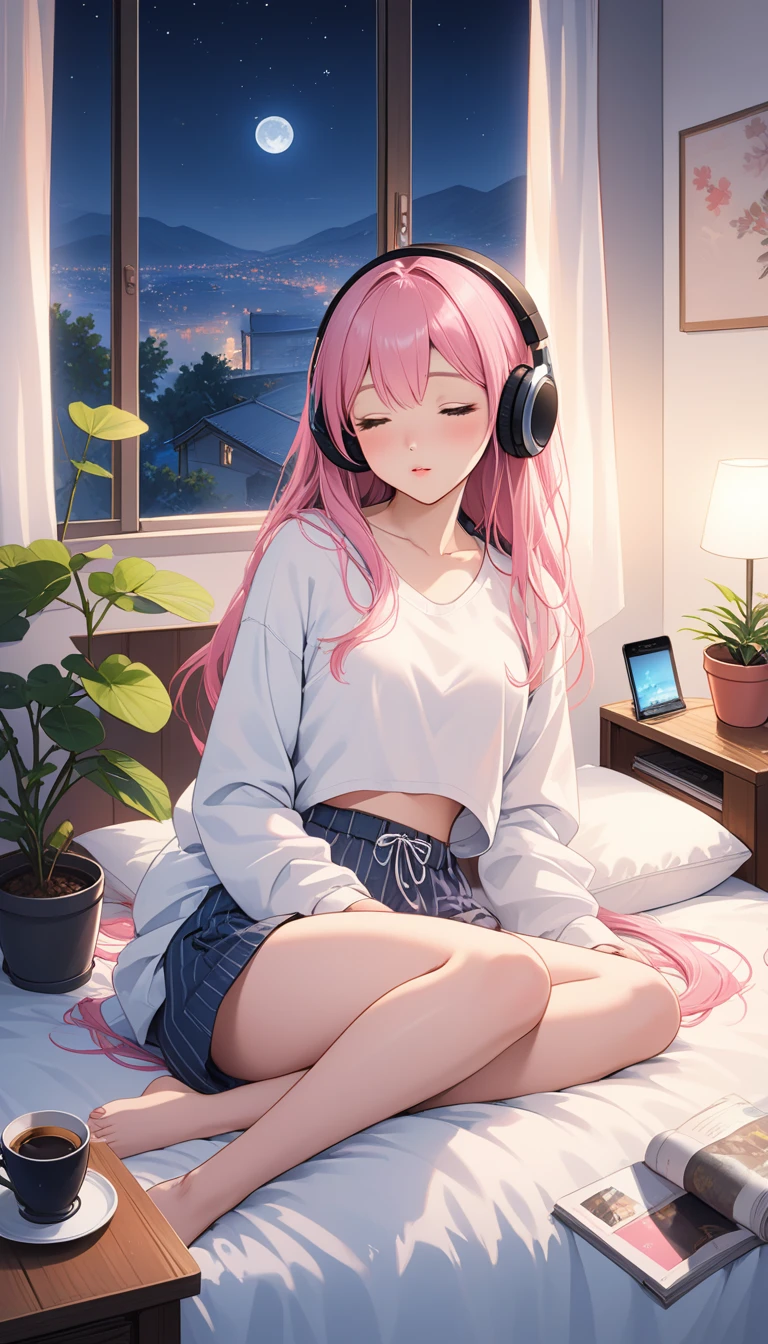 (super masterpiece　Highest quality　High Resolution Ultra HD) Lo-Fi Style、anime、Woman wearing headphones with eyes open、(Anatomically correct) 20-year-old、Hair is about waist length　Her hair color is pink.、Casual clothes、midnight、Room with a night view、Listening to music in bed, staring at my phone、Pet cat sleeping、coffee、magazine、A small potted plant、It&#39;s raining outside、Water droplets on the window、stylish、Stylish、dim、Zoom in