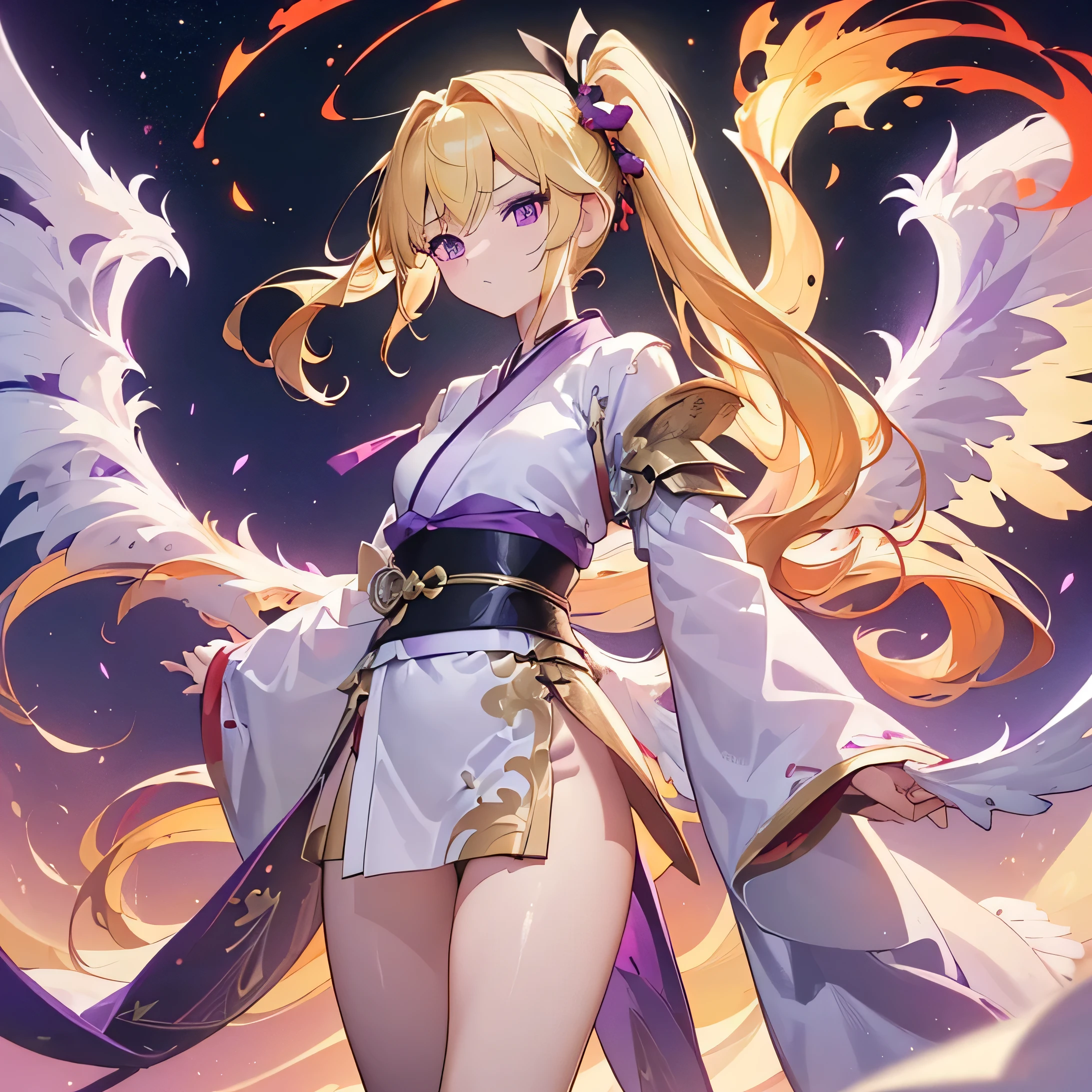 (((Best Quality)) (((One Person))) (anatomically correct) (long side ponytail 1.4),facing this way, angel,((small breast))(young)((big wings))kimono of the god of Japan1.8,long blonde 2.0((holding the legendary red claymore))((purple eyes)) universe 1.8, galaxy in the background