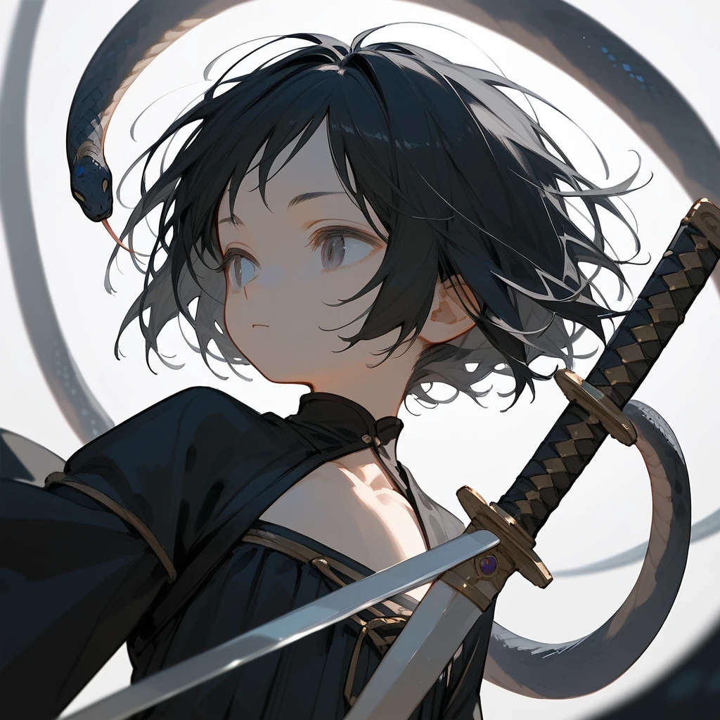 1 girl, Black Hair, iris, beautiful_face, Black snake motif, Solo Illustration, short hair, Black kimono, Holding a sword, Upper Body, Flat Chest, Squint your eyes