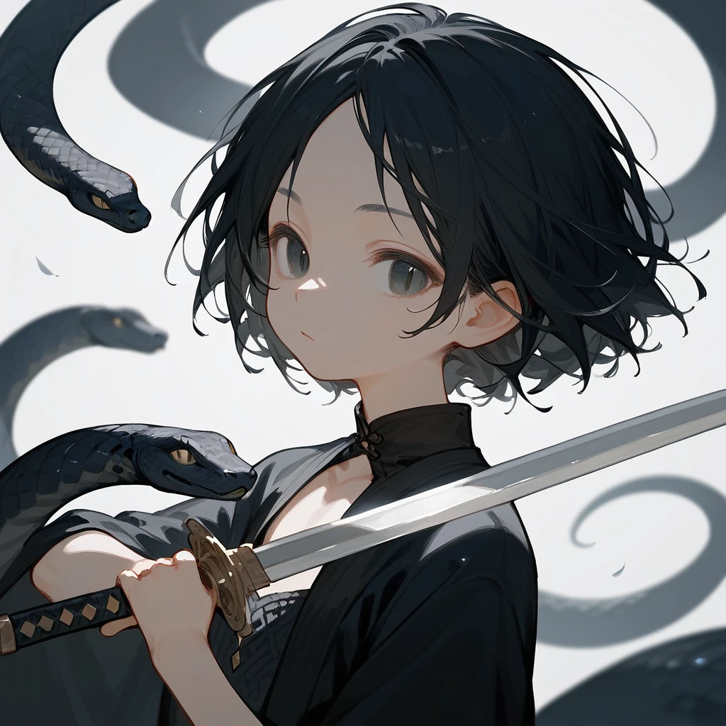 1 girl, Black Hair, iris, beautiful_face, Black snake motif, Solo Illustration, short hair, Black kimono, Holding a sword, Upper Body, Flat Chest, Squint your eyes