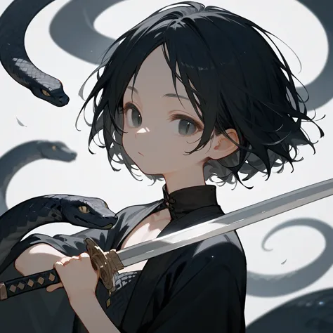 1 girl, black hair, iris, beautiful_face, black snake motif, solo illustration, short hair, black kimono, holding a sword, upper...