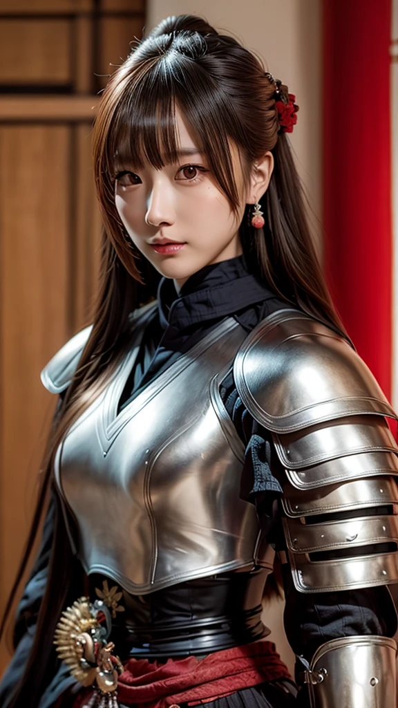 a beautiful female samurai, red samurai armor, long brown hair, highly detailed, realistic, masterpiece, upper body, noble, stunning