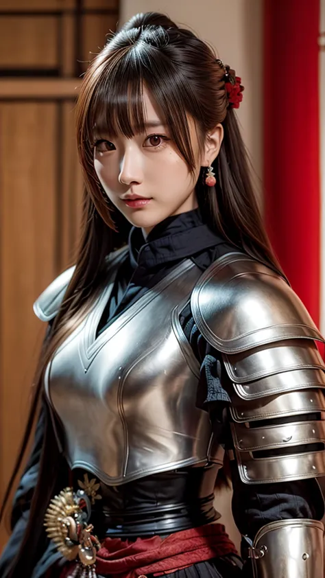 a beautiful female samurai, red samurai armor, long brown hair, highly detailed, realistic, masterpiece, upper body, noble, stun...