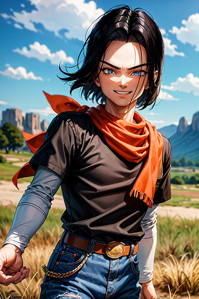 (8k, best quality, masterpiece:1.2),blue sky,rocky grassfields,1boy,android 17, (black shirt), orange bandana, jeans,brown belt,layered shirt,white sleeves,black hair, blue eyes, parted hair,red patch, short hair,upper body, evil smile, looking at viewer