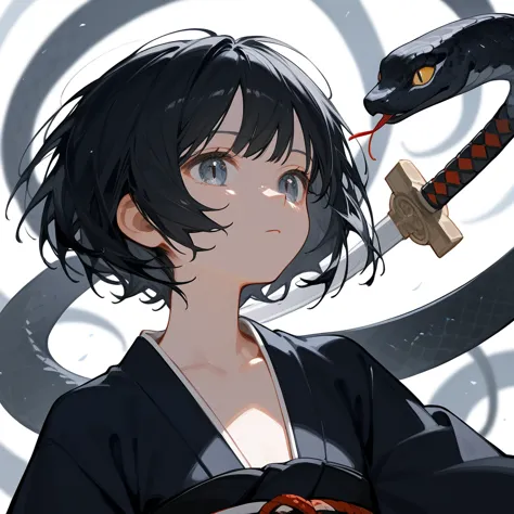 1 girl, black hair, iris, kimono, beautiful_face, black snake motif, 蛇の鱗模様のkimono, solo illustration, short hair, 黒いkimono, hold...