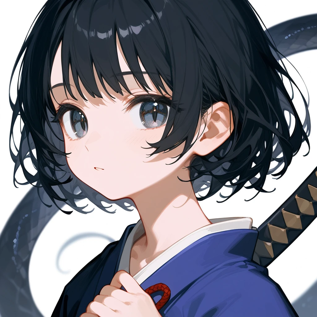 1 girl, Black Hair, iris, kimono, beautiful_face, Black snake motif, 蛇の鱗模様のkimono, Solo Illustration, short hair, 黒いkimono, Holding a sword, Upper Body, Close ~ eyes, 笑face, Flat Chest