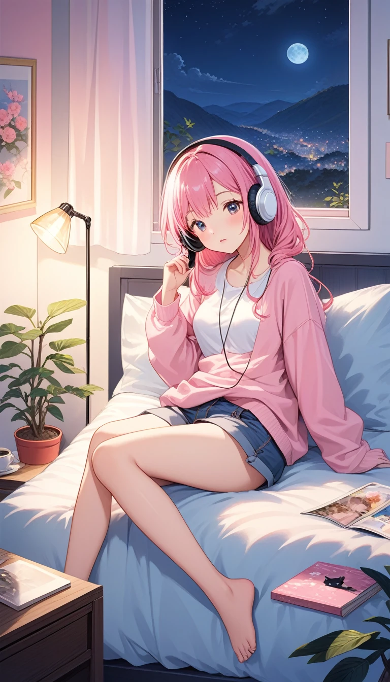 (super masterpiece　Highest quality　High Resolution Ultra HD) Lo-Fi Style、anime、Woman wearing headphones with eyes open、(Anatomically correct) 20-year-old、Hair is about waist length　Her hair color is pink.、Casual clothes、midnight、Room with a night view、Listening to music in bed, staring at my phone、Pet cat sleeping、coffee、magazine、A small potted plant、It&#39;s raining outside、Water droplets on the window、stylish、Stylish、dim、Zoom in
