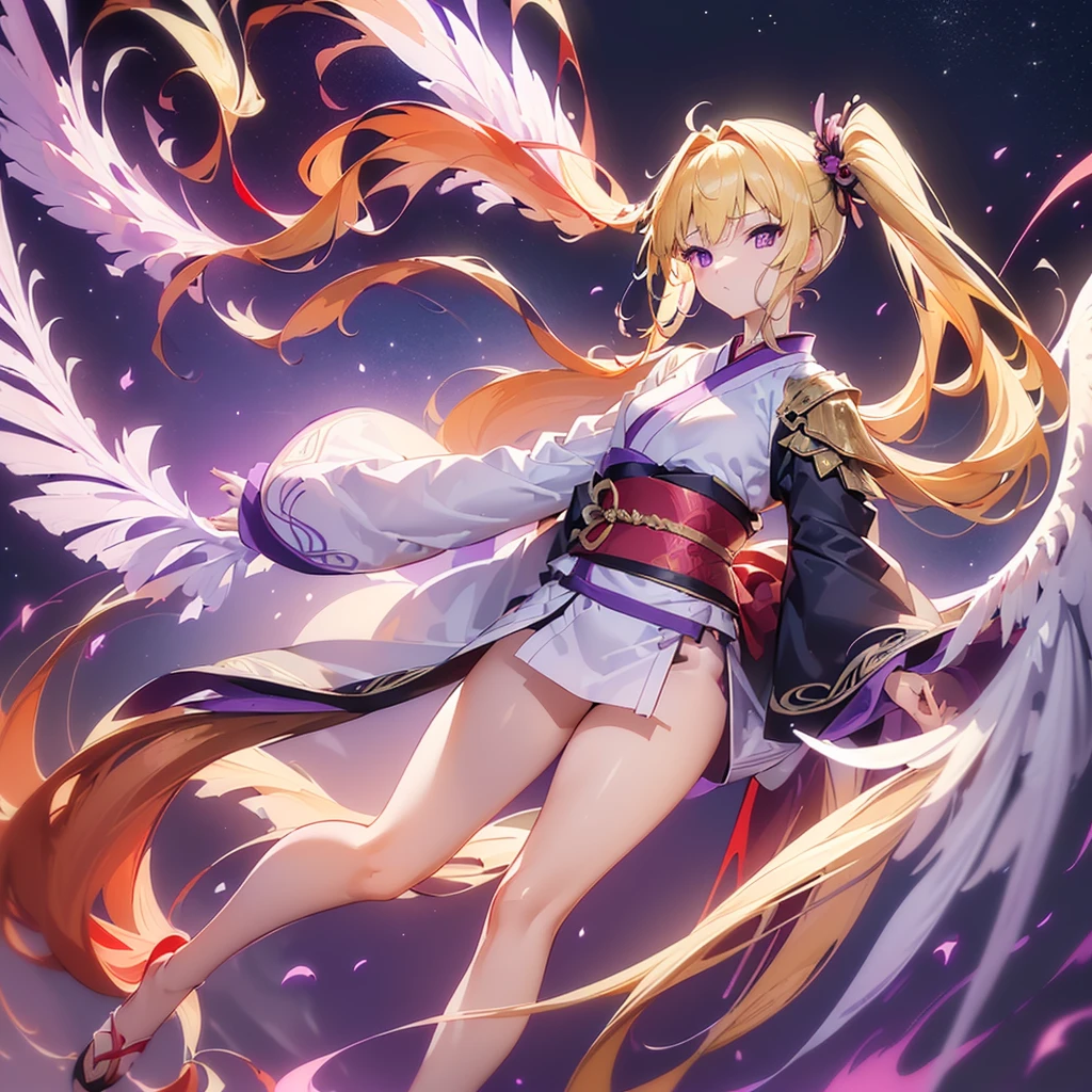 (((Best Quality)) (((One Person))) (anatomically correct) (long side ponytail 1.4),facing this way, angel,((small breast))(young)((big wings))kimono of the god of Japan1.8,long blonde 2.0((holding the legendary red claymore))((purple eyes)) universe 1.8, galaxy in the background